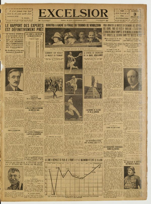 Une du journal Excelsior du 3 juillet 1926 : Le rapport des experts est définitivement pret