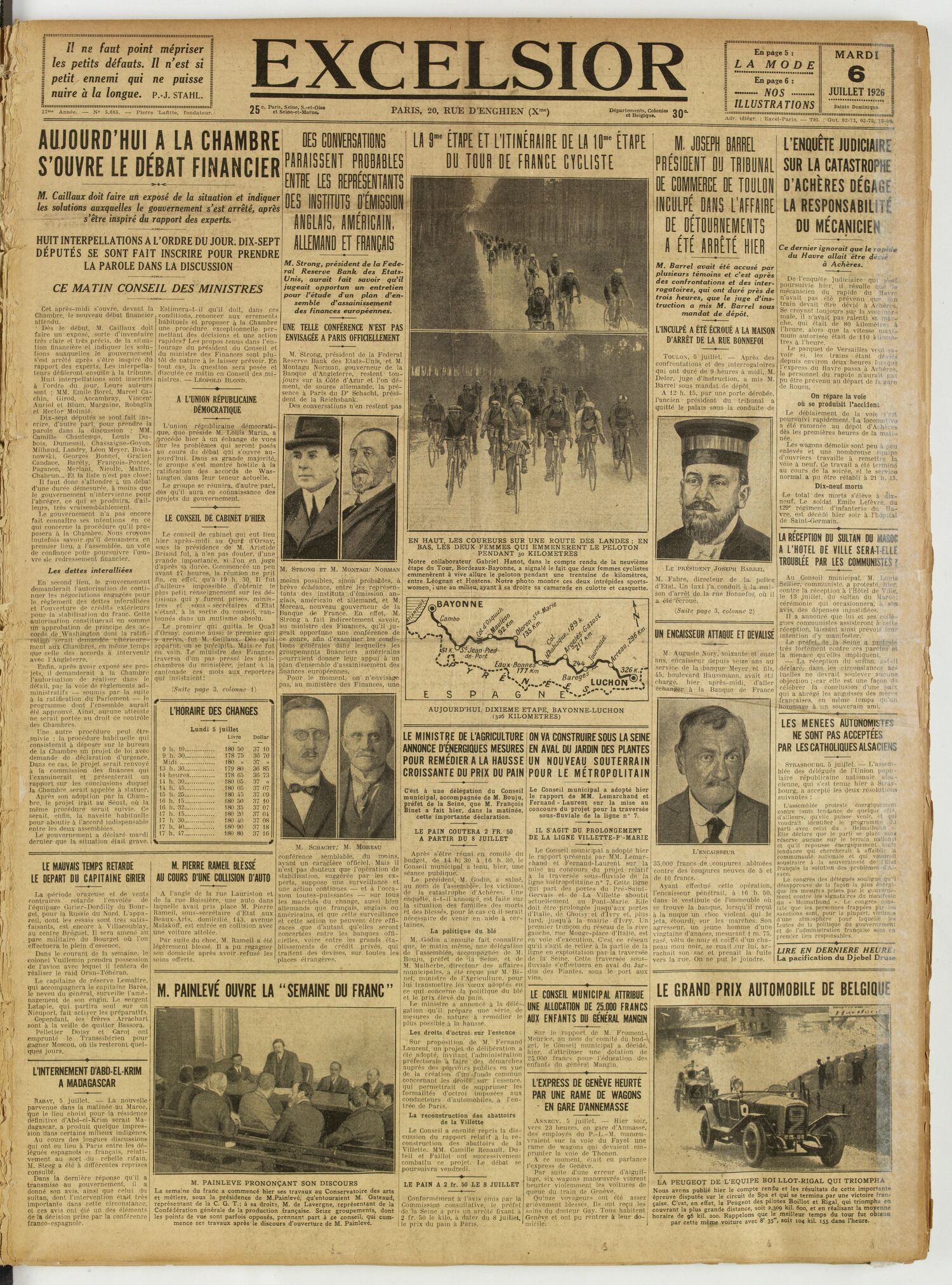 Une du journal Excelsior du 6 juillet 1926 : Aujourd'hui a la chambre s'ouvre le débat financier