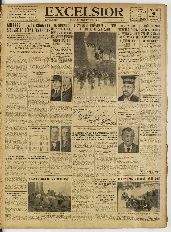 Une du journal Excelsior du 6 juillet 1926 : Aujourd'hui a la chambre s'ouvre le débat financier