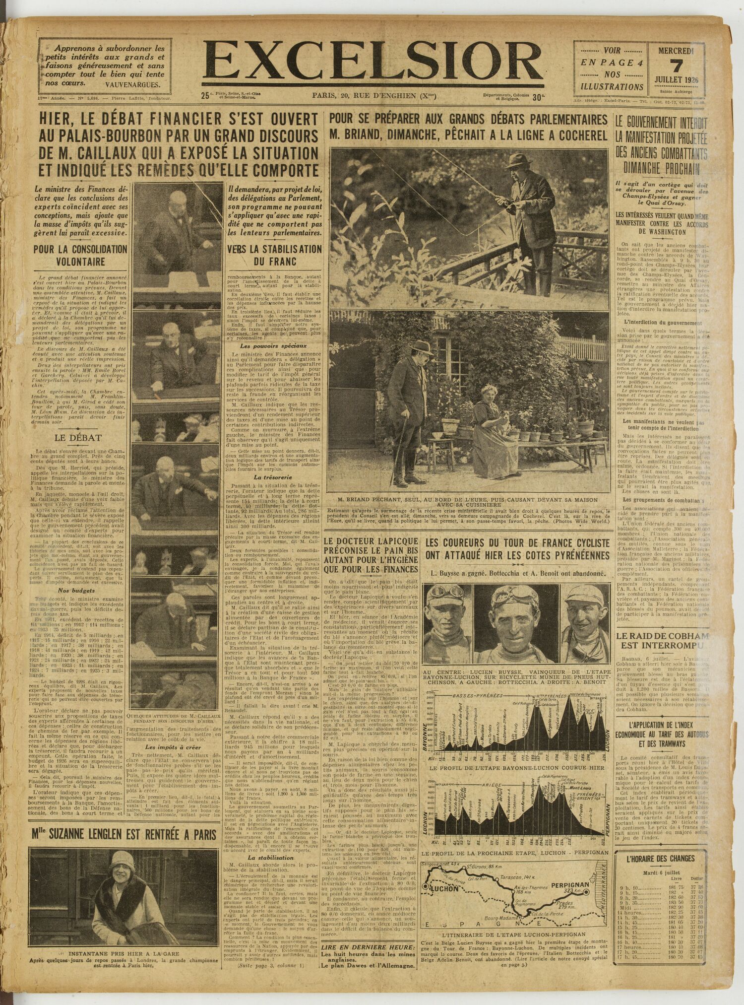 Une du journal Excelsior du 7 juillet 1926 : Hier, le débat financier s'est ouvert au palais-bourbon par un grand discours de M. caillaux qui a exposé la situation et indiqué les remèdes qu'elle comporte