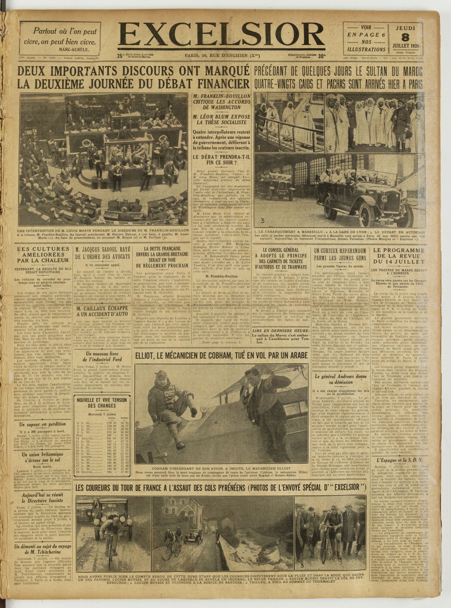 Une du journal Excelsior du 8 juillet 1926 : Deux importants discours ont marque la deuxième journée du débat financier