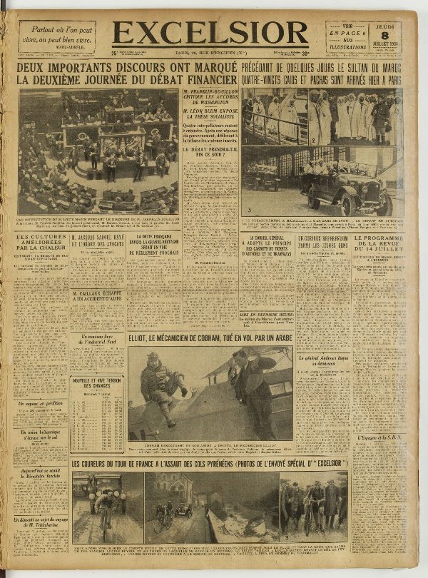 Une du journal Excelsior du 8 juillet 1926 : Deux importants discours ont marque la deuxième journée du débat financier