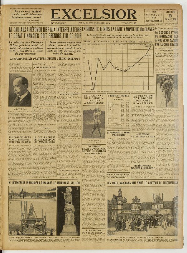 Une du journal Excelsior du 9 juillet 1926 : M. caillaux a répondu hier aux interpellateurs le débat financier doit prendre fin ce soir