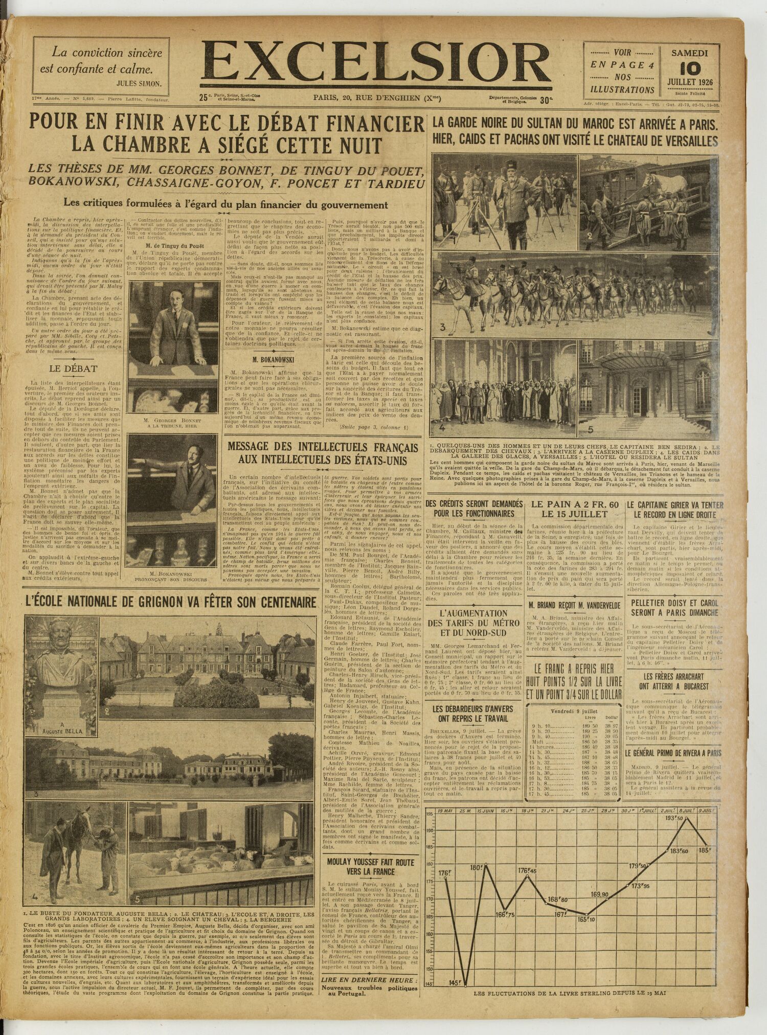 Une du journal Excelsior du 10 juillet 1926 : Pour en finir avec le débat financier la chambre a siégé cette nuit