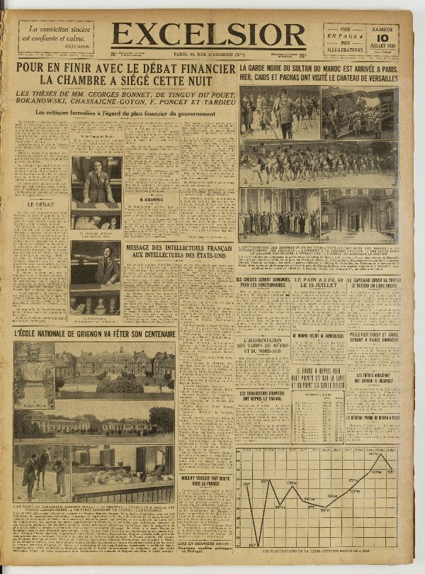 Une du journal Excelsior du 10 juillet 1926 : Pour en finir avec le débat financier la chambre a siégé cette nuit