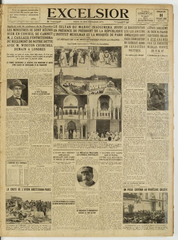 Une du journal Excelsior du 11 juillet 1926 : Le sultan du maroc inaugurera jeudi en présence du président de la république l'institut musulman et la mosquée de paris