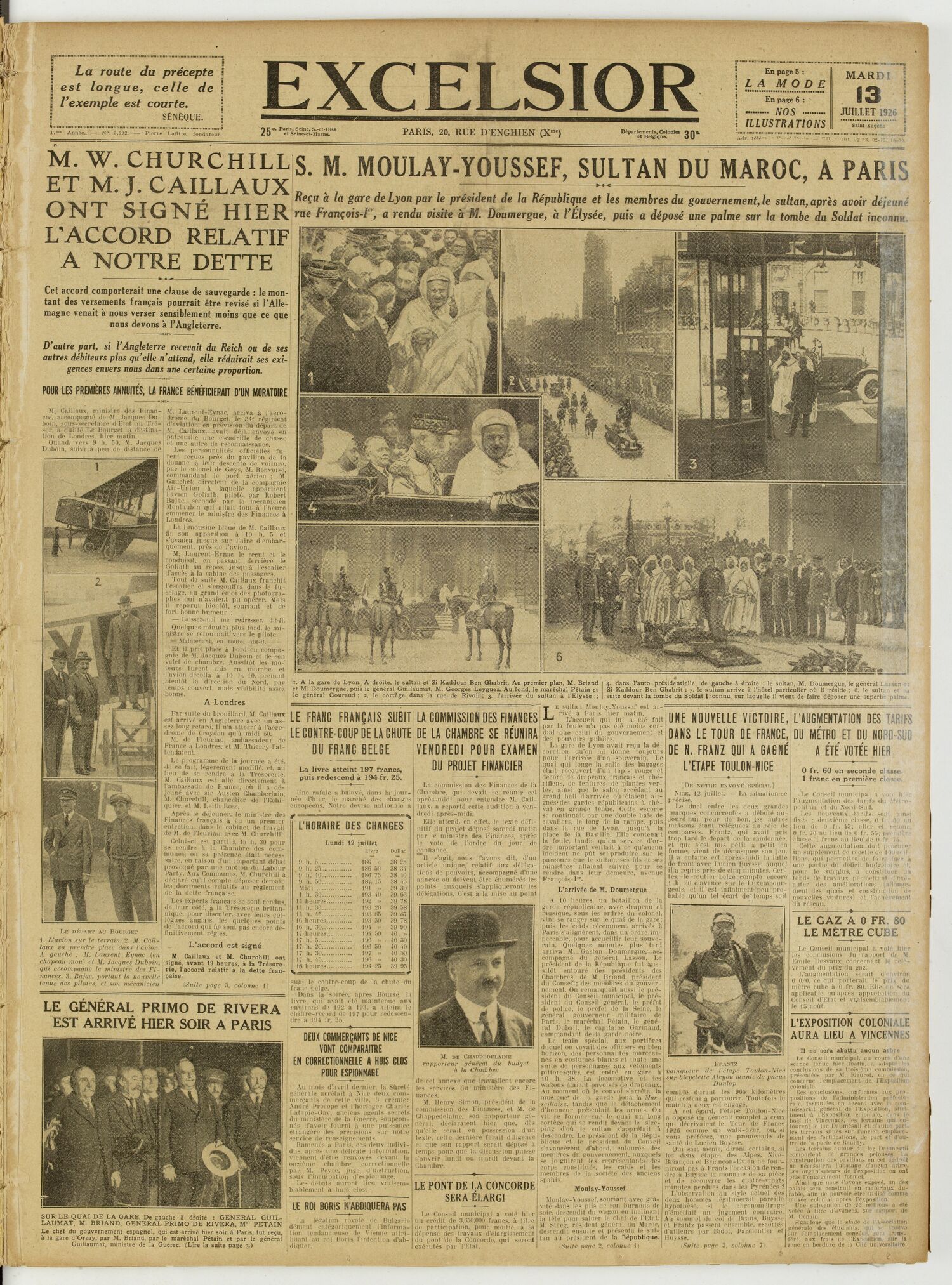 Une du journal Excelsior du 13 juillet 1926 : S. M. moulay-youssef, sultan du maroc, a paris