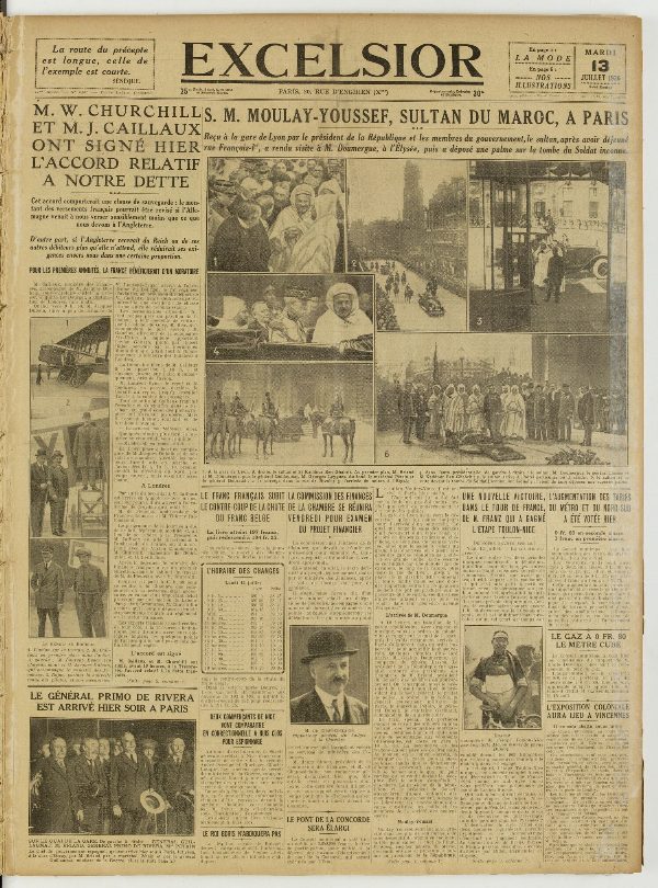 Une du journal Excelsior du 13 juillet 1926 : S. M. moulay-youssef, sultan du maroc, a paris