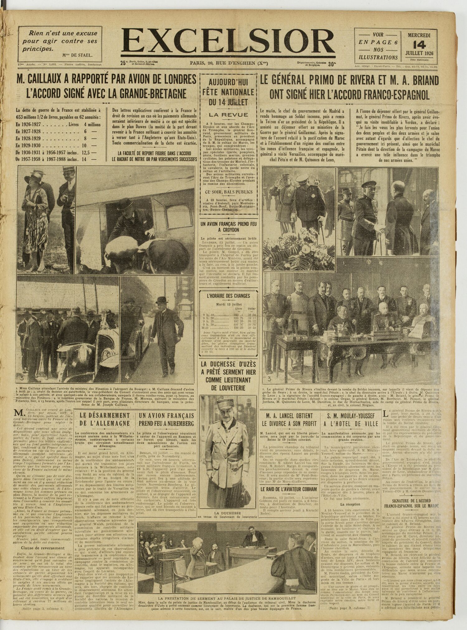 Une du journal Excelsior du 14 juillet 1926 : M. caillaux a rapporté par avion de londres l'accord signé avec la grande-bretagne