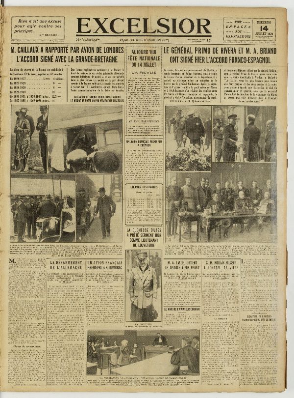 Une du journal Excelsior du 14 juillet 1926 : M. caillaux a rapporté par avion de londres l'accord signé avec la grande-bretagne