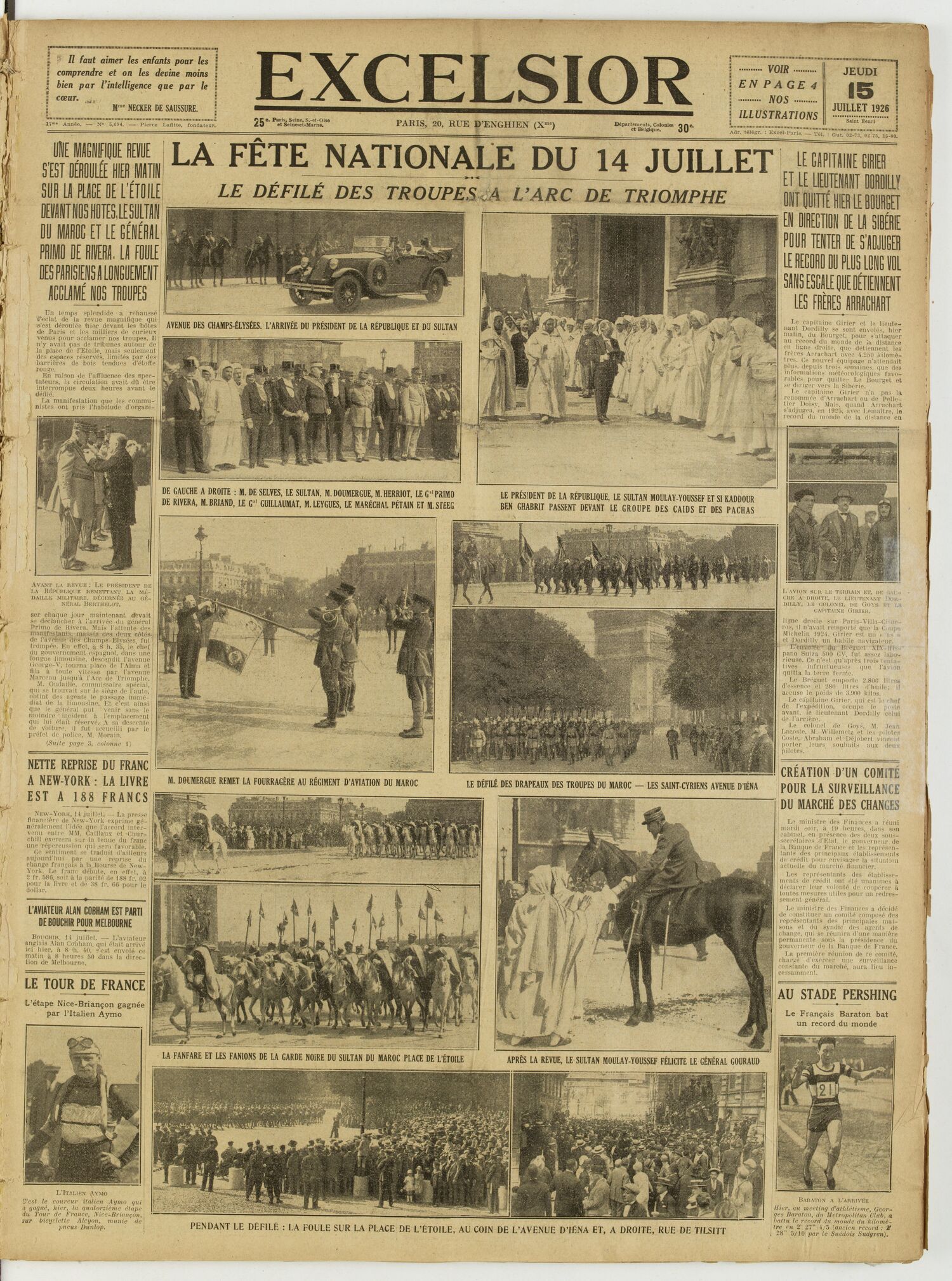 Une du journal Excelsior du 15 juillet 1926 : La fête nationale du 14 juillet