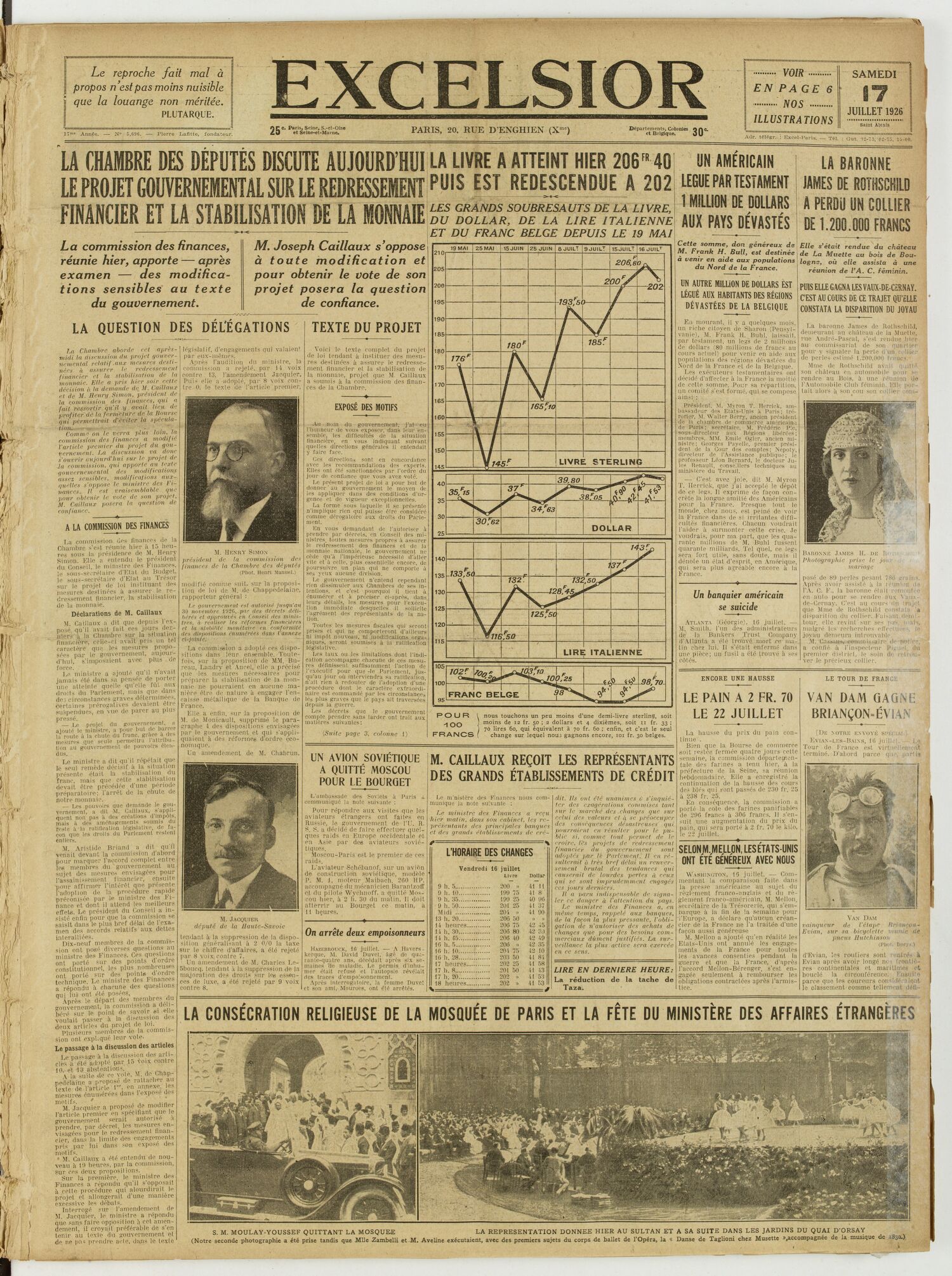 Une du journal Excelsior du 17 juillet 1926 : La chambre des députés discute aujourd'hui le projet gouvernemental sur le redressement financier et la stabilisation de la monnaie