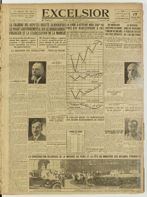 Une du journal Excelsior du 17 juillet 1926 : La chambre des députés discute aujourd'hui le projet gouvernemental sur le redressement financier et la stabilisation de la monnaie