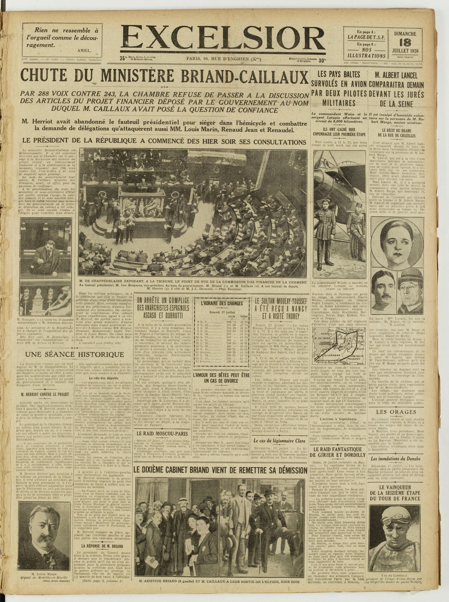 Une du journal Excelsior du 18 juillet 1926 : Chute du ministère briand-caillaux