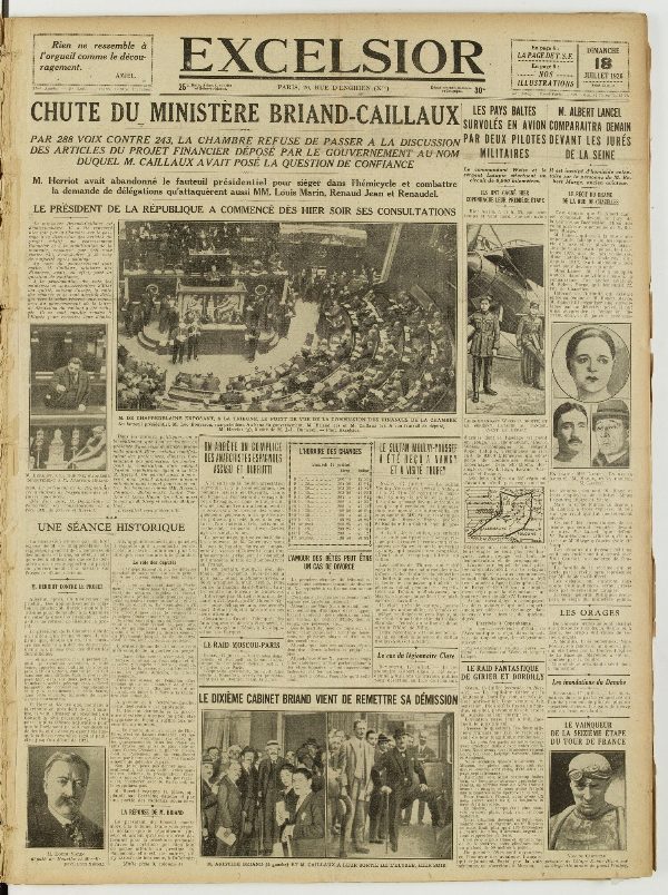Une du journal Excelsior du 18 juillet 1926 : Chute du ministère briand-caillaux