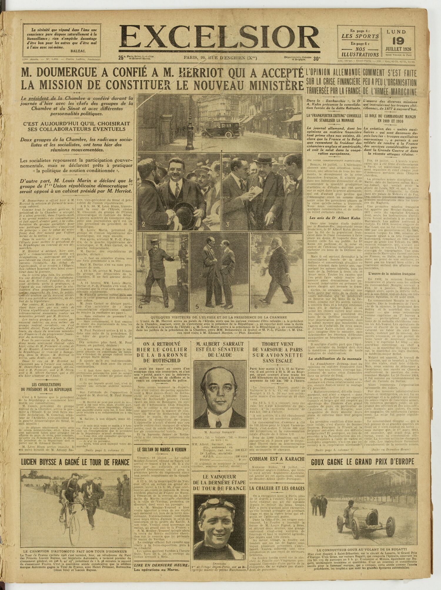 Une du journal Excelsior du 19 juillet 1926 : M. doumergue a confie a M. herriot qui a accepté la mission de constituer le nouveau ministère