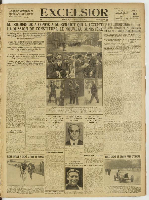Une du journal Excelsior du 19 juillet 1926 : M. doumergue a confie a M. herriot qui a accepté la mission de constituer le nouveau ministère