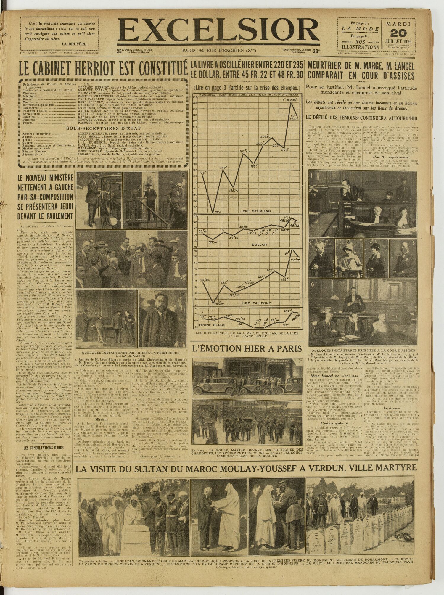 Une du journal Excelsior du 20 juillet 1926 : Le cabinet herriot est constitue