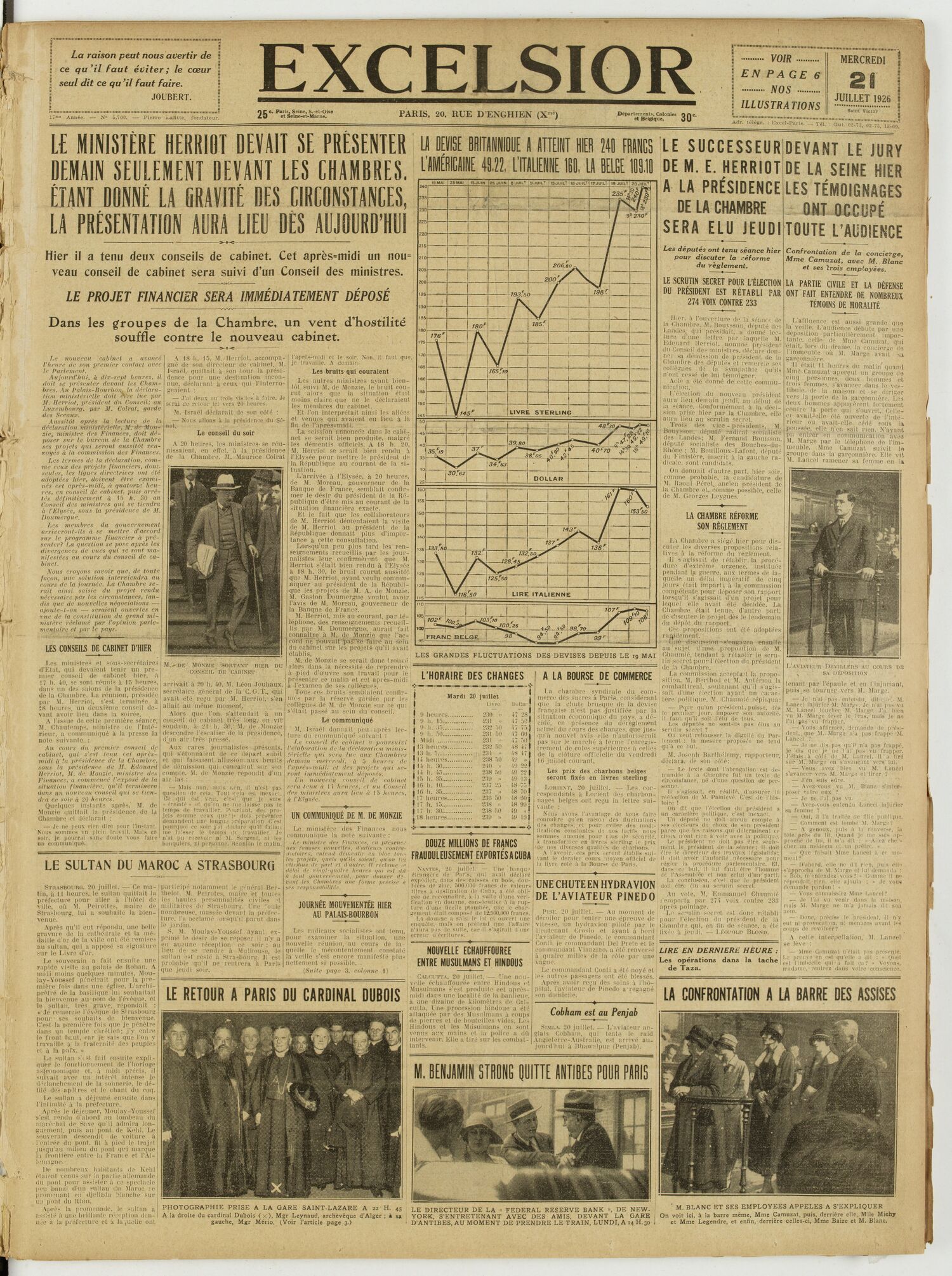 Une du journal Excelsior du 21 juillet 1926 : Le ministère herriot devait se présenter demain seulement devant les chambres. étant donné la gravité des circonstances, la présentation aura lieu dès aujourd'hui