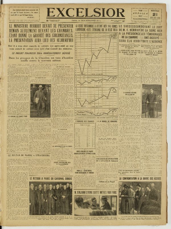 Une du journal Excelsior du 21 juillet 1926 : Le ministère herriot devait se présenter demain seulement devant les chambres. étant donné la gravité des circonstances, la présentation aura lieu dès aujourd'hui