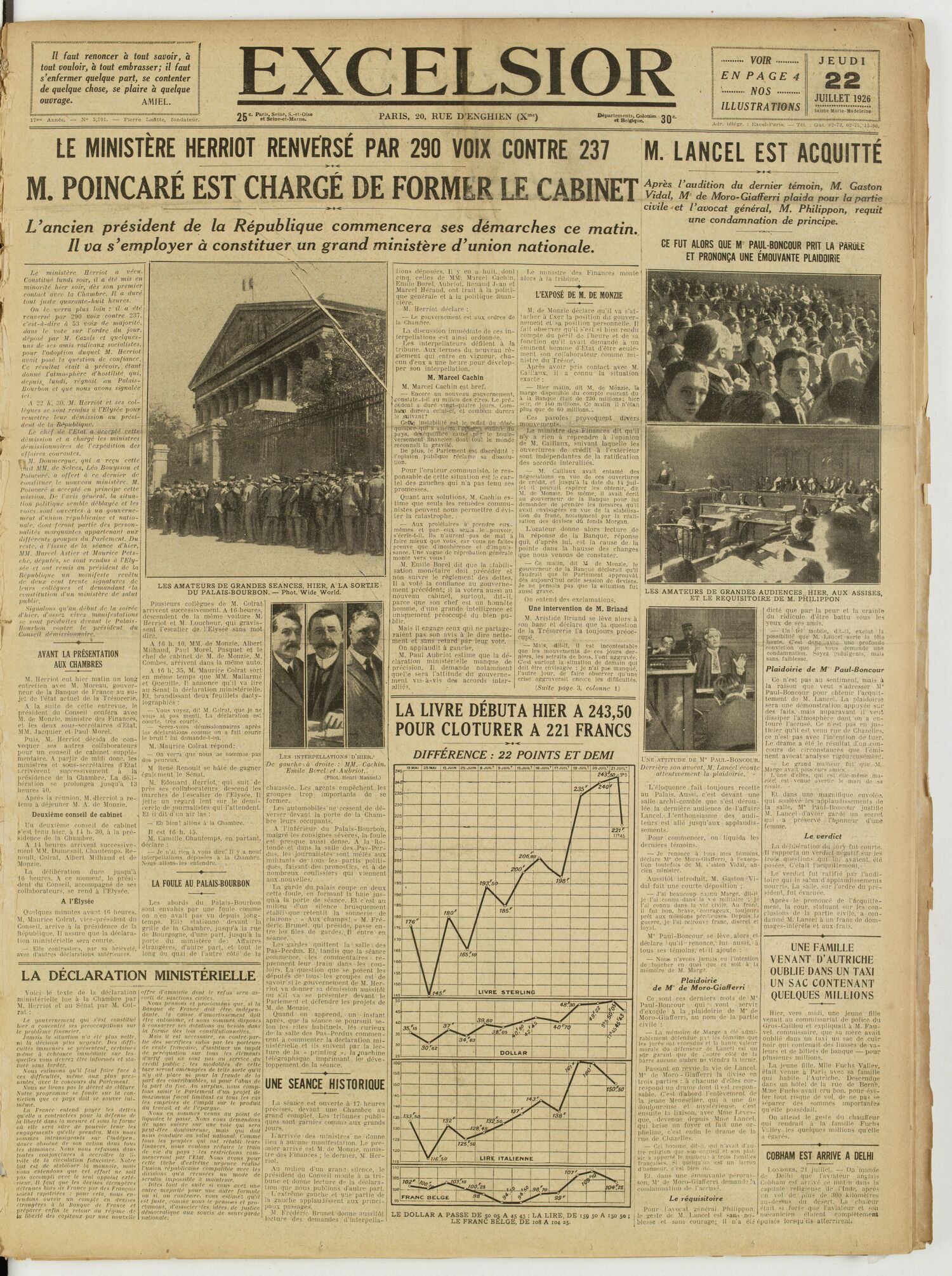 Une du journal Excelsior du 22 juillet 1926 : M. poincaré est chargé de former le cabinet