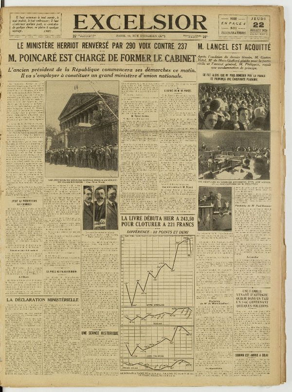 Une du journal Excelsior du 22 juillet 1926 : M. poincaré est chargé de former le cabinet