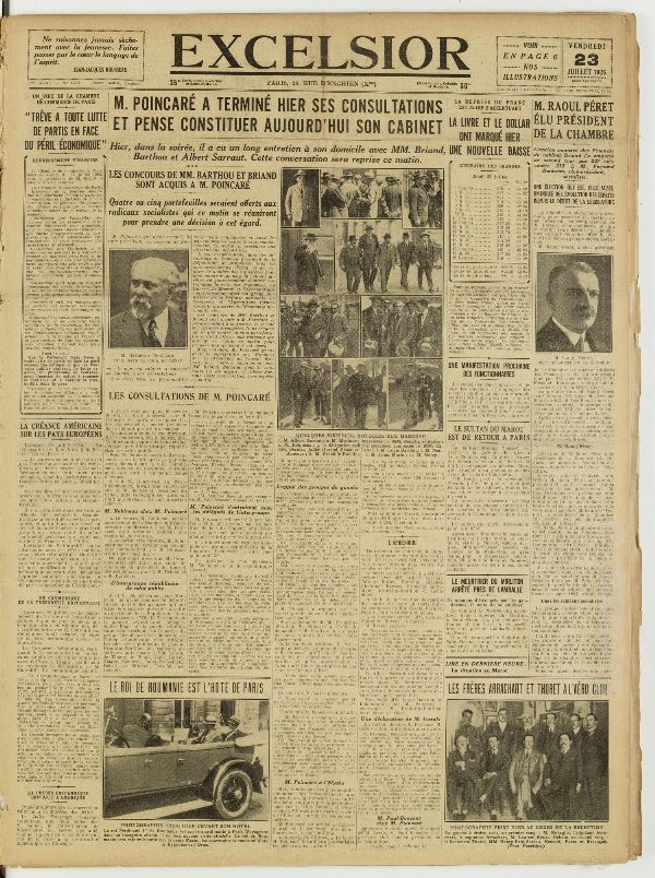 Une du journal Excelsior du 23 juillet 1926 : M. poincaré a terminé hier ses consultations et pense constituer aujourd'hui son cabinet