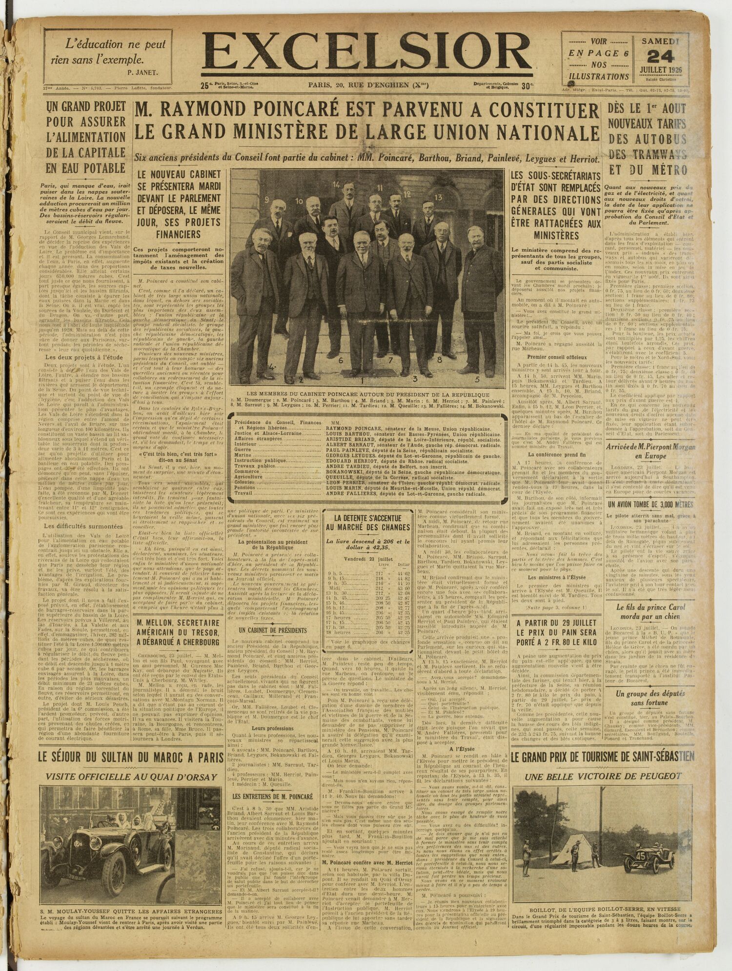 Une du journal Excelsior du 24 juillet 1926 : M. raymond poincaré est parvenu a constituer le grand ministère de large union nationale