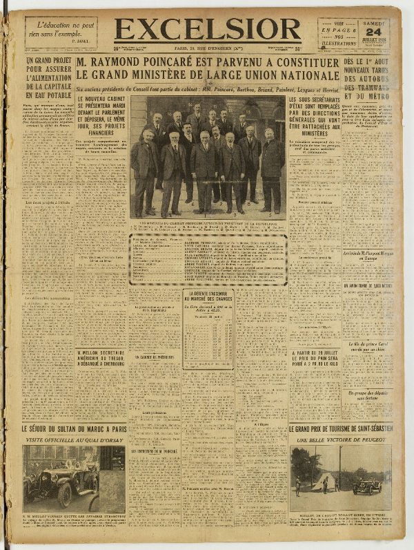 Une du journal Excelsior du 24 juillet 1926 : M. raymond poincaré est parvenu a constituer le grand ministère de large union nationale