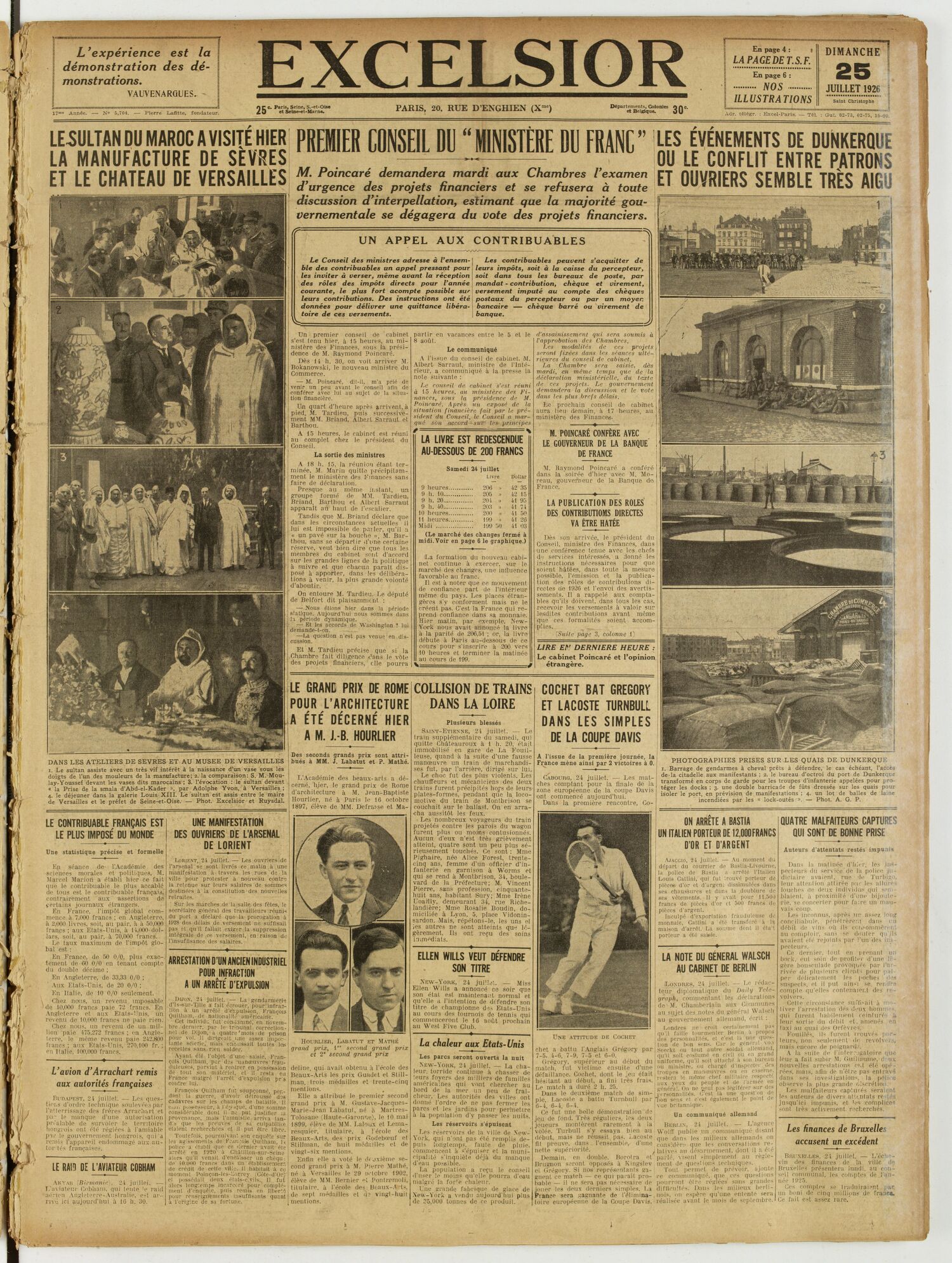 Une du journal Excelsior du 25 juillet 1926 : Premier conseil du « ministère du franc »
