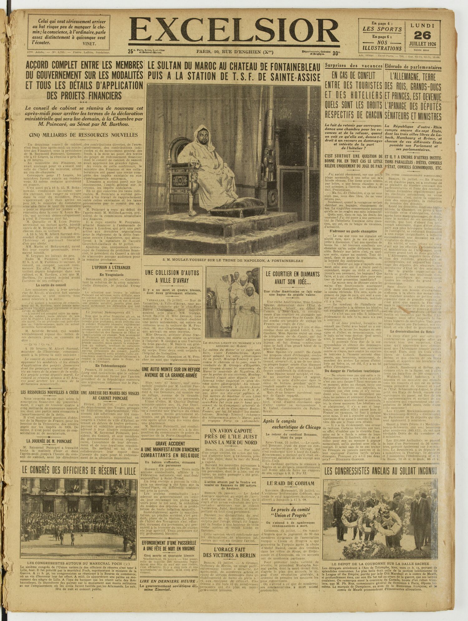 Une du journal Excelsior du 26 juillet 1926 : Accord complet entre les membres du gouvernement sur les modalités et tous les détails d'application des projets financiers