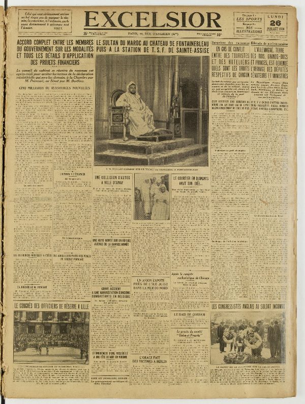 Une du journal Excelsior du 26 juillet 1926 : Accord complet entre les membres du gouvernement sur les modalités et tous les détails d'application des projets financiers