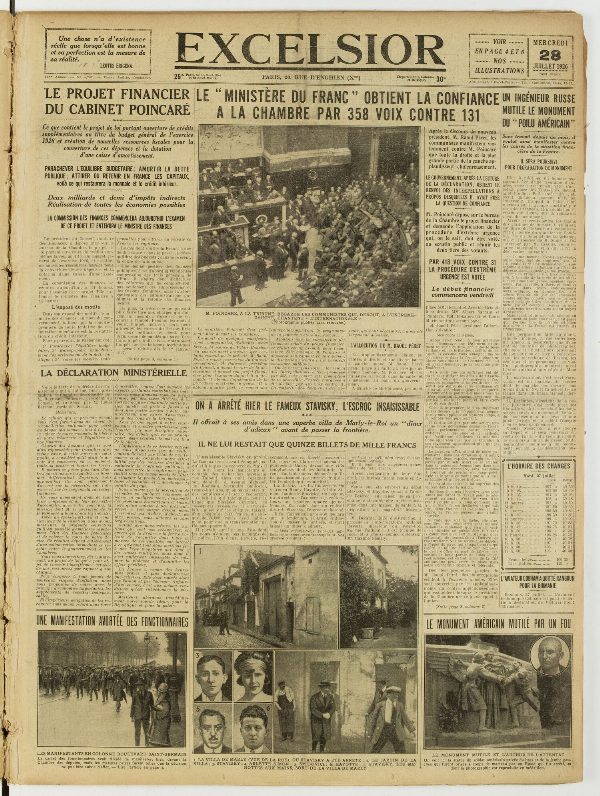 Une du journal Excelsior du 28 juillet 1926 : Le « ministere du franc » obtient la confiance a la chambre par 358 voix contre 131
