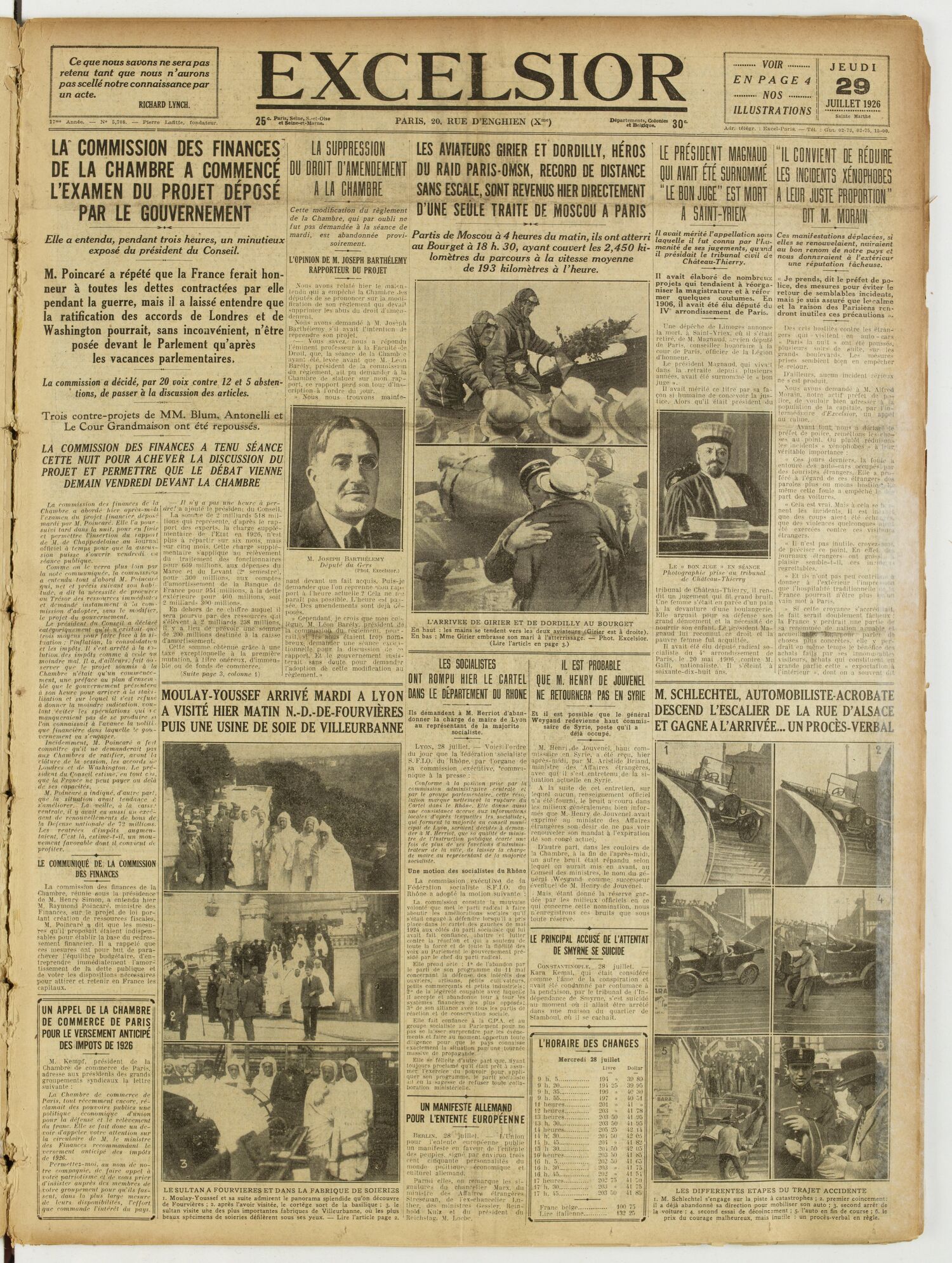 Une du journal Excelsior du 29 juillet 1926 : La commission des finances de la chambre a commencé l'examen du projet déposé par le gouvernement