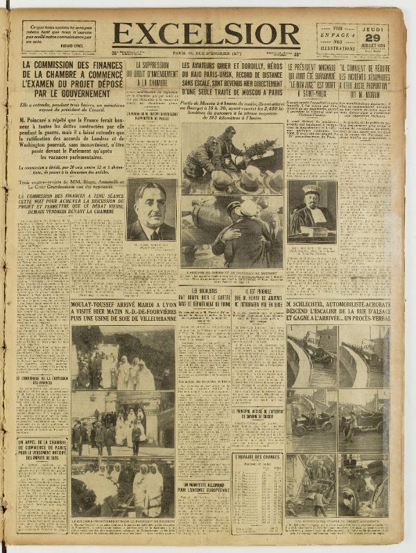 Une du journal Excelsior du 29 juillet 1926 : La commission des finances de la chambre a commencé l'examen du projet déposé par le gouvernement