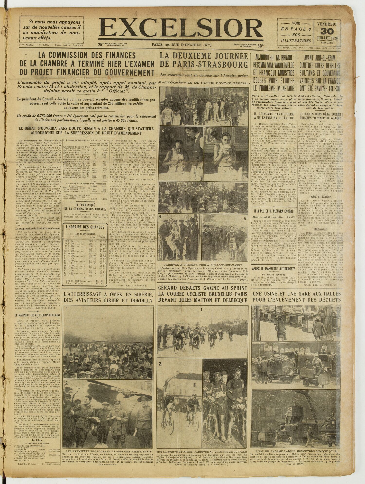 Une du journal Excelsior du 30 juillet 1926 : La commission des finances de la chambre a terminé hier l'examen du projet financier du gouvernement
