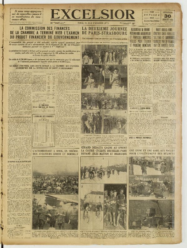 Une du journal Excelsior du 30 juillet 1926 : La commission des finances de la chambre a terminé hier l'examen du projet financier du gouvernement