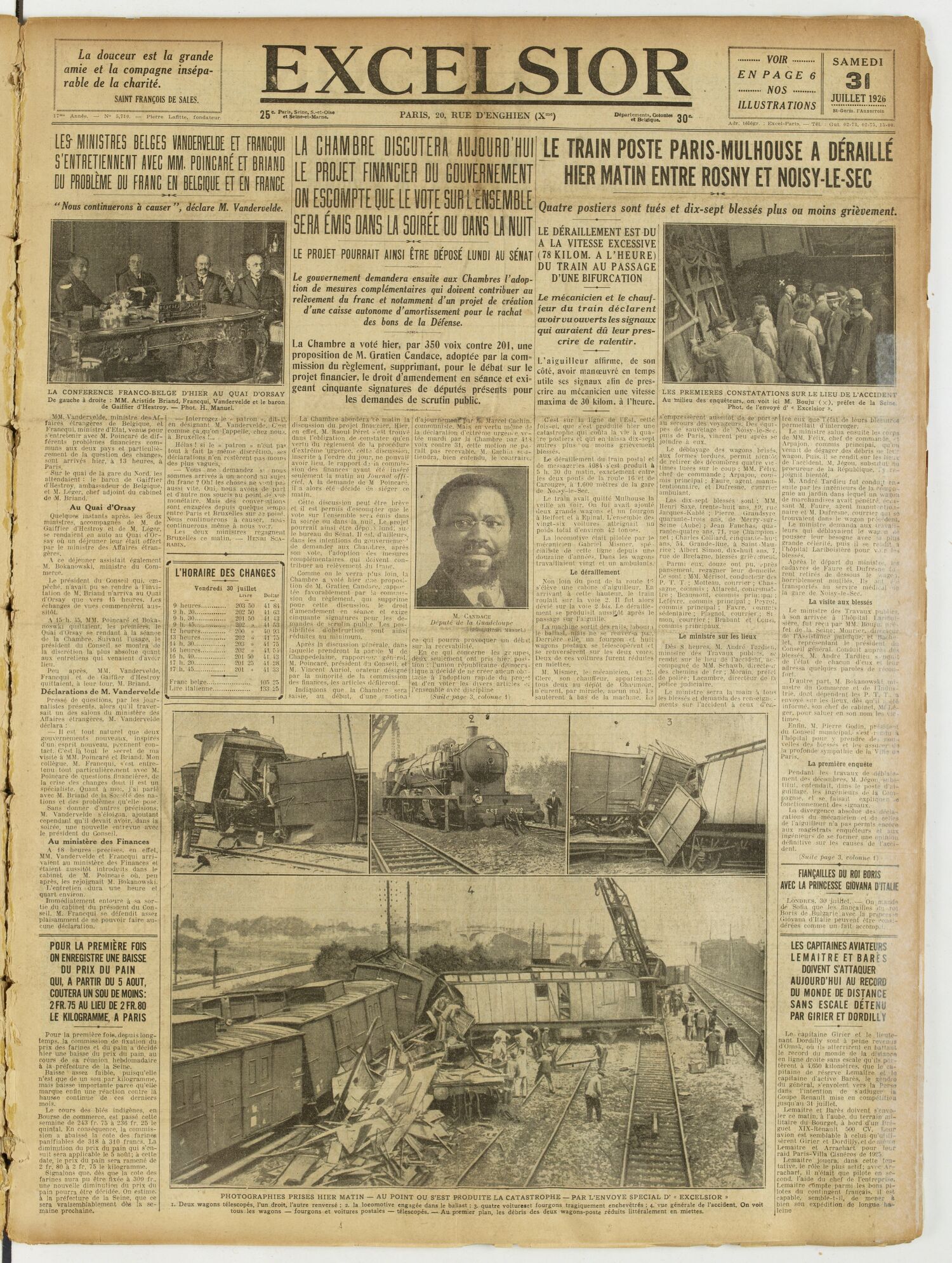 Une du journal Excelsior du 31 juillet 1926 : La chambre discutera aujourd'hui le projet financier du gouvernement on escompte que le vote sur l'ensemble sera émis dans la soirée ou dans la nuit