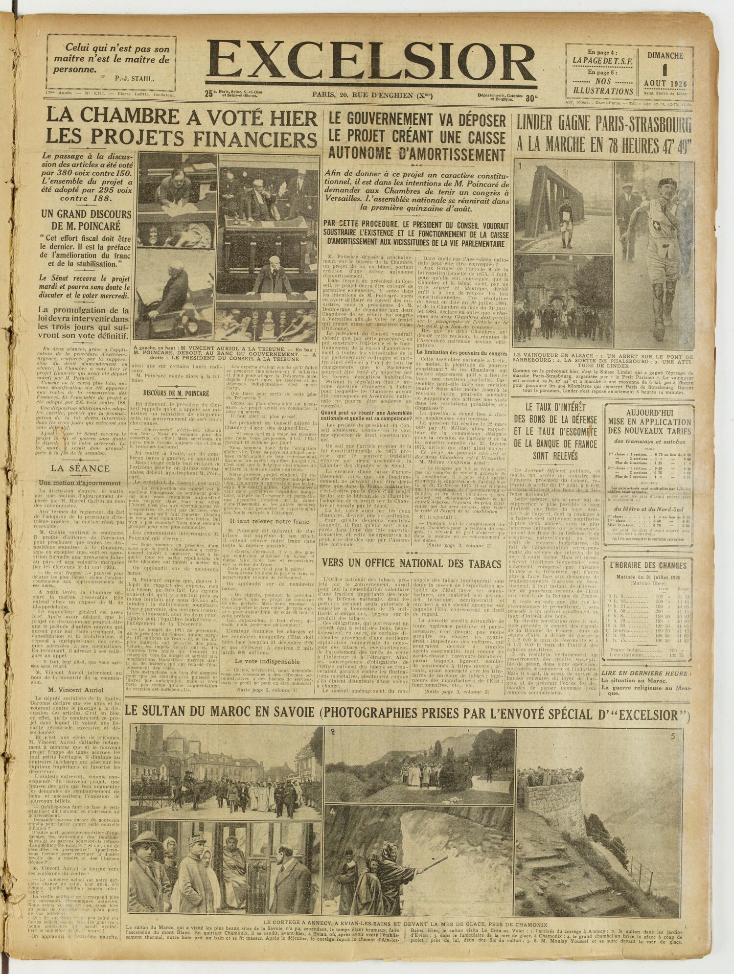 Une du journal Excelsior du 1 août 1926 : Linder gagne paris-strasbourg a la marche en 78 heures 47' 49"