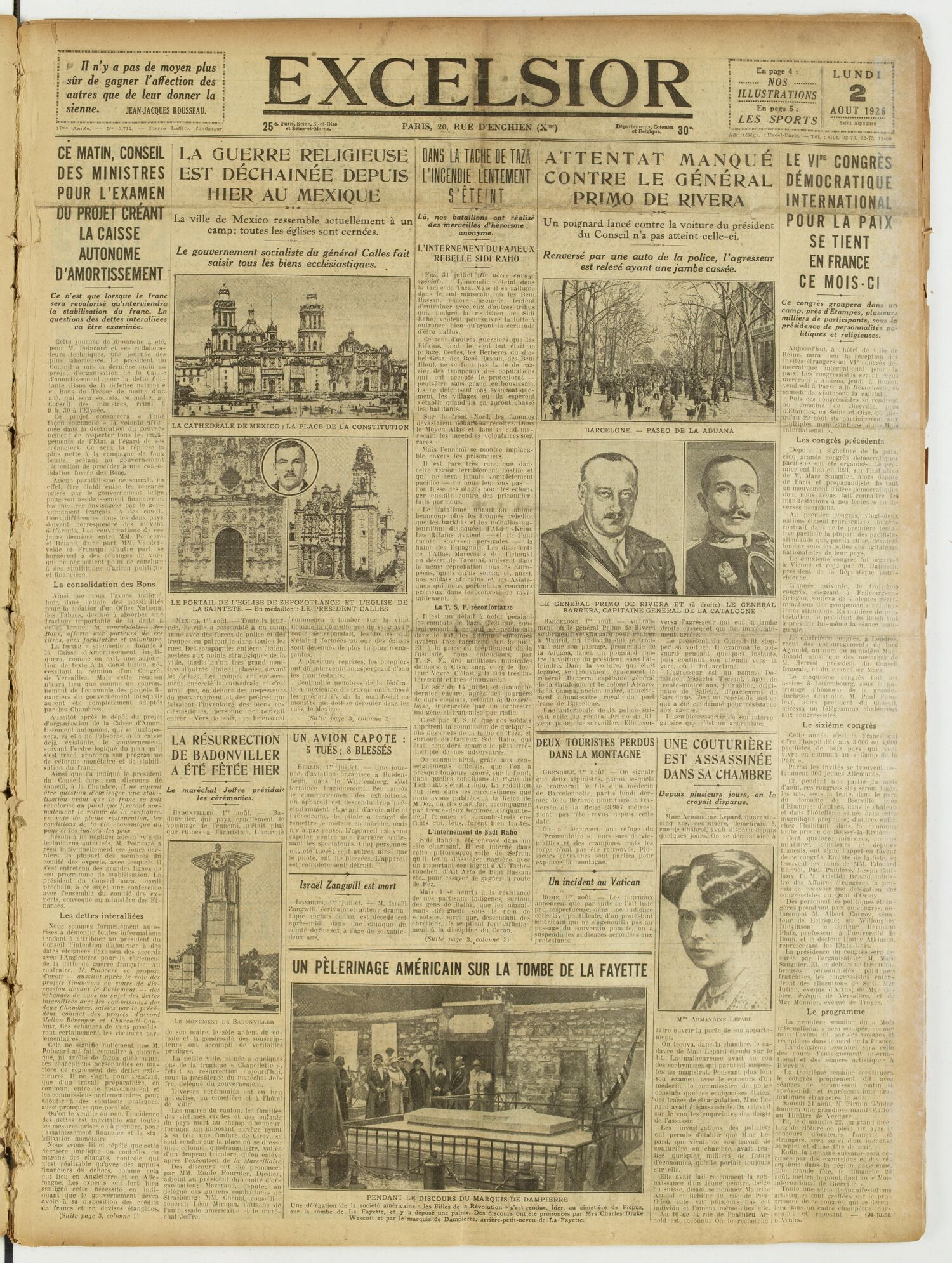 Une du journal Excelsior du 2 août 1926 : Dans la tache de taza l'incendie lentement s'éteint