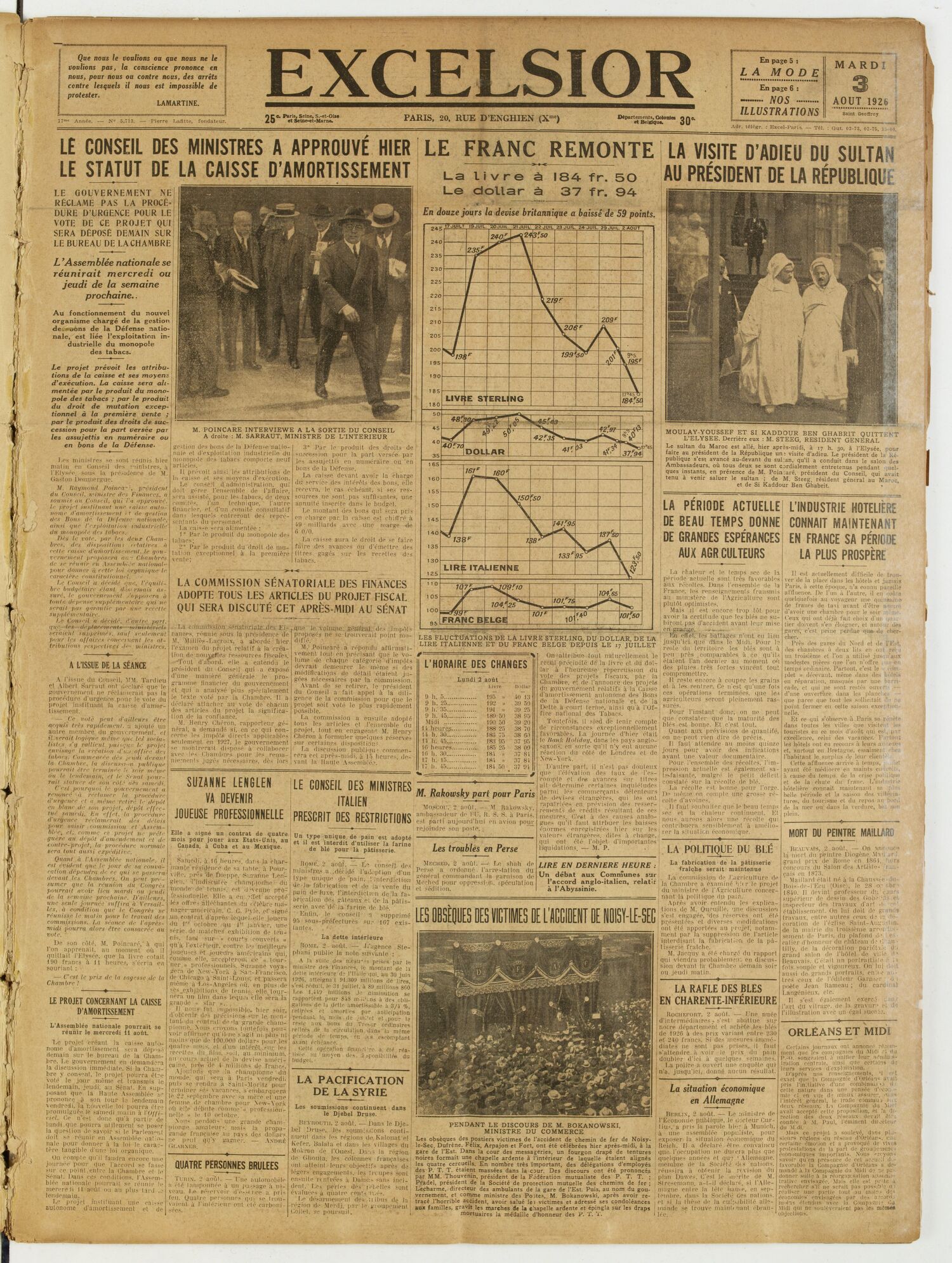Une du journal Excelsior du 3 août 1926 : Le conseil des ministres a approuvé hier le statut de la caisse d'amortissement