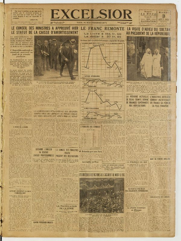 Une du journal Excelsior du 3 août 1926 : Le conseil des ministres a approuvé hier le statut de la caisse d'amortissement