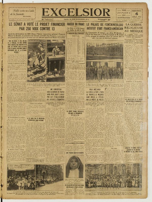 Une du journal Excelsior du 4 août 1926 : Le sénat a voté le projet financier par 250 voix contre 13