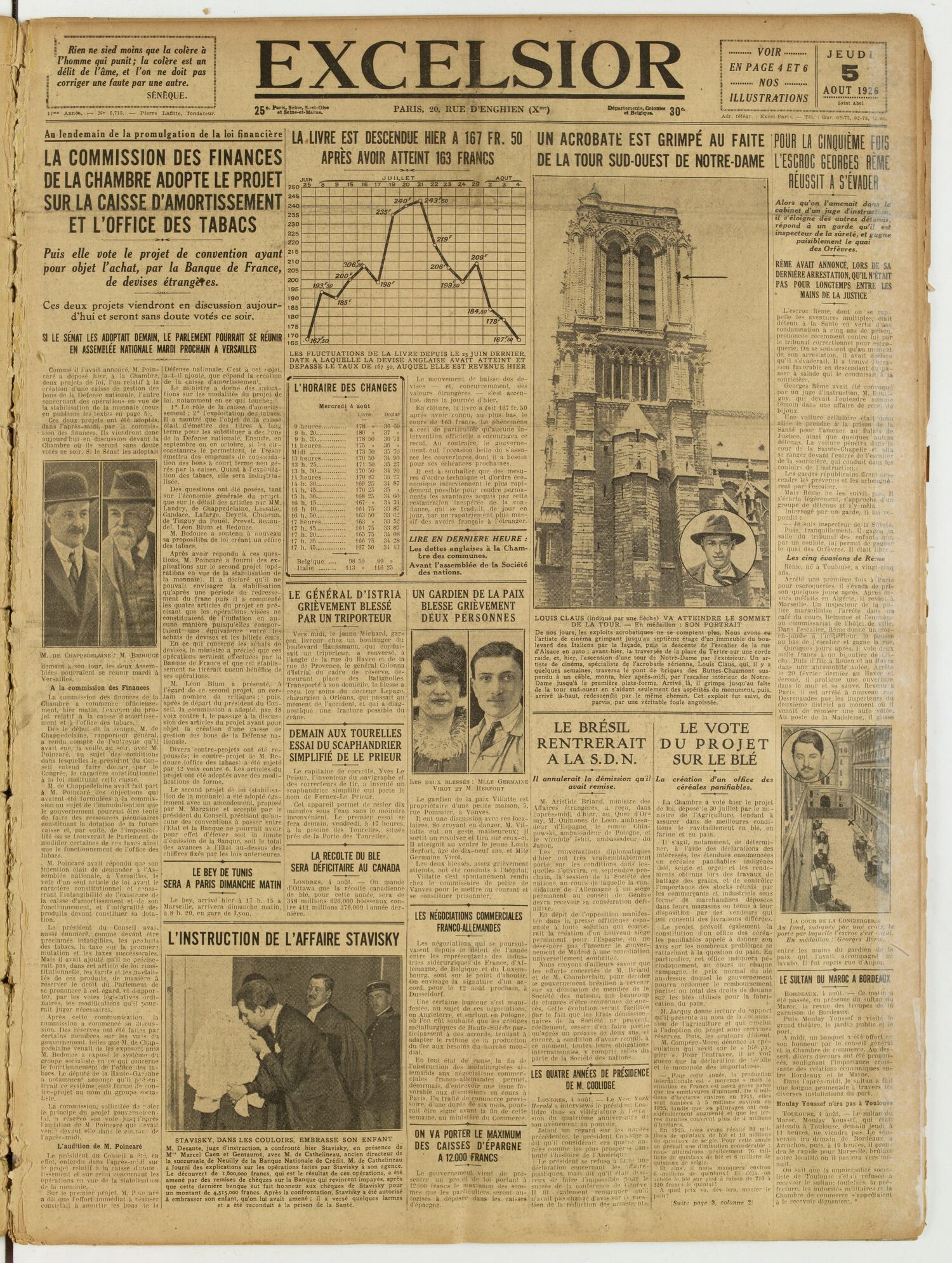Une du journal Excelsior du 5 août 1926 : Pour la cinquième fois l'escroc georges rème réussit a s'évader
