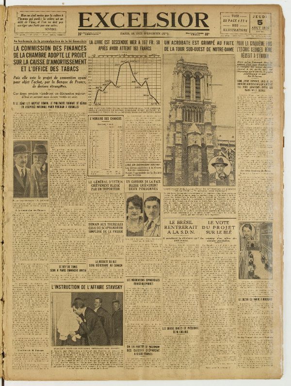 Une du journal Excelsior du 5 août 1926 : Pour la cinquième fois l'escroc georges rème réussit a s'évader
