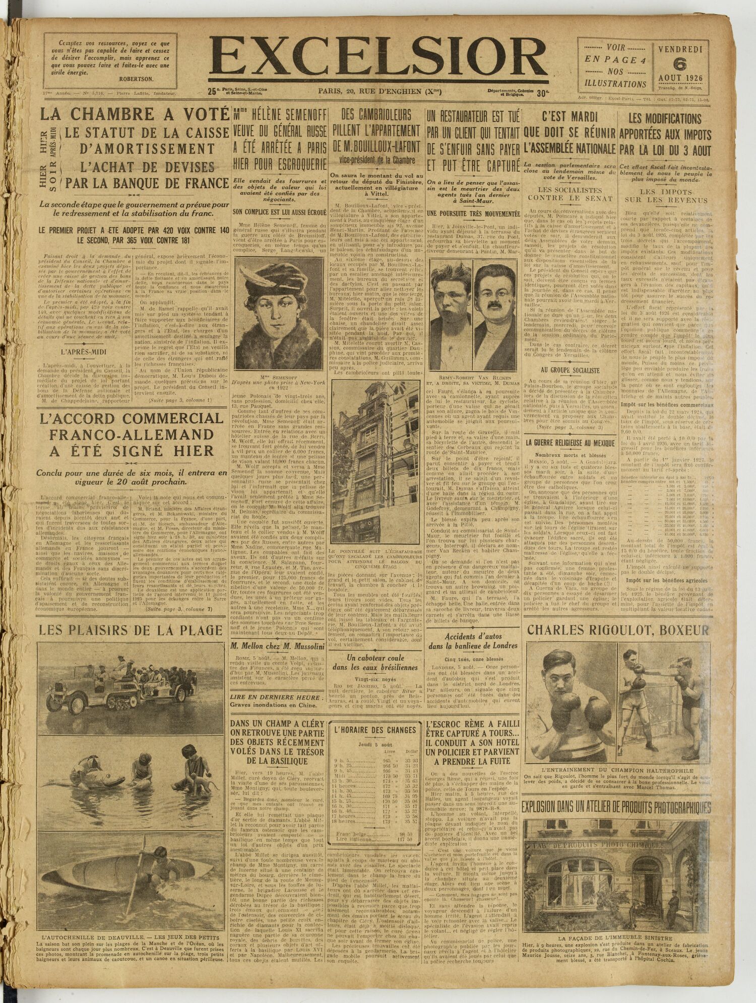 Une du journal Excelsior du 6 août 1926 : La chambre a voté
