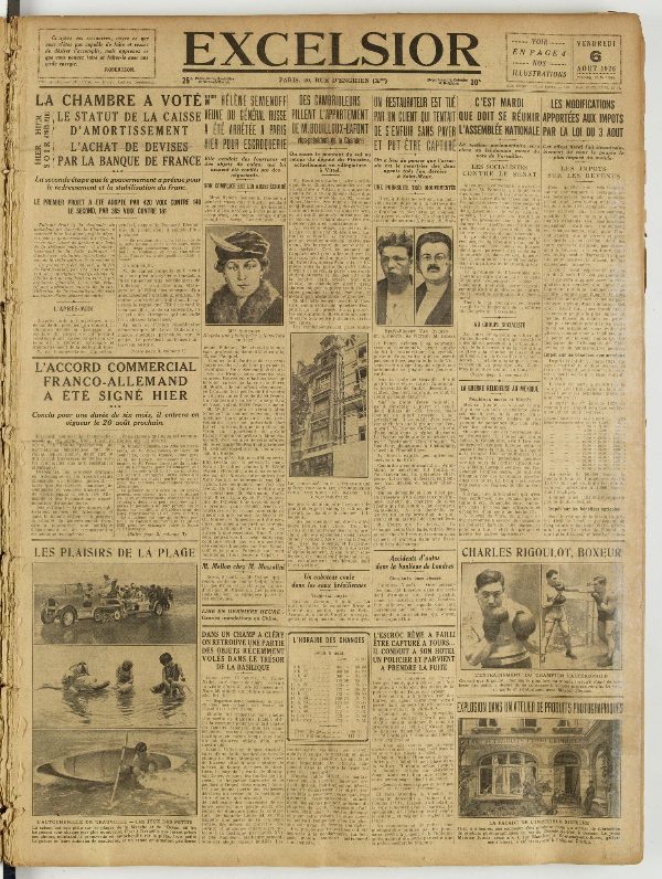 Une du journal Excelsior du 6 août 1926 : La chambre a voté