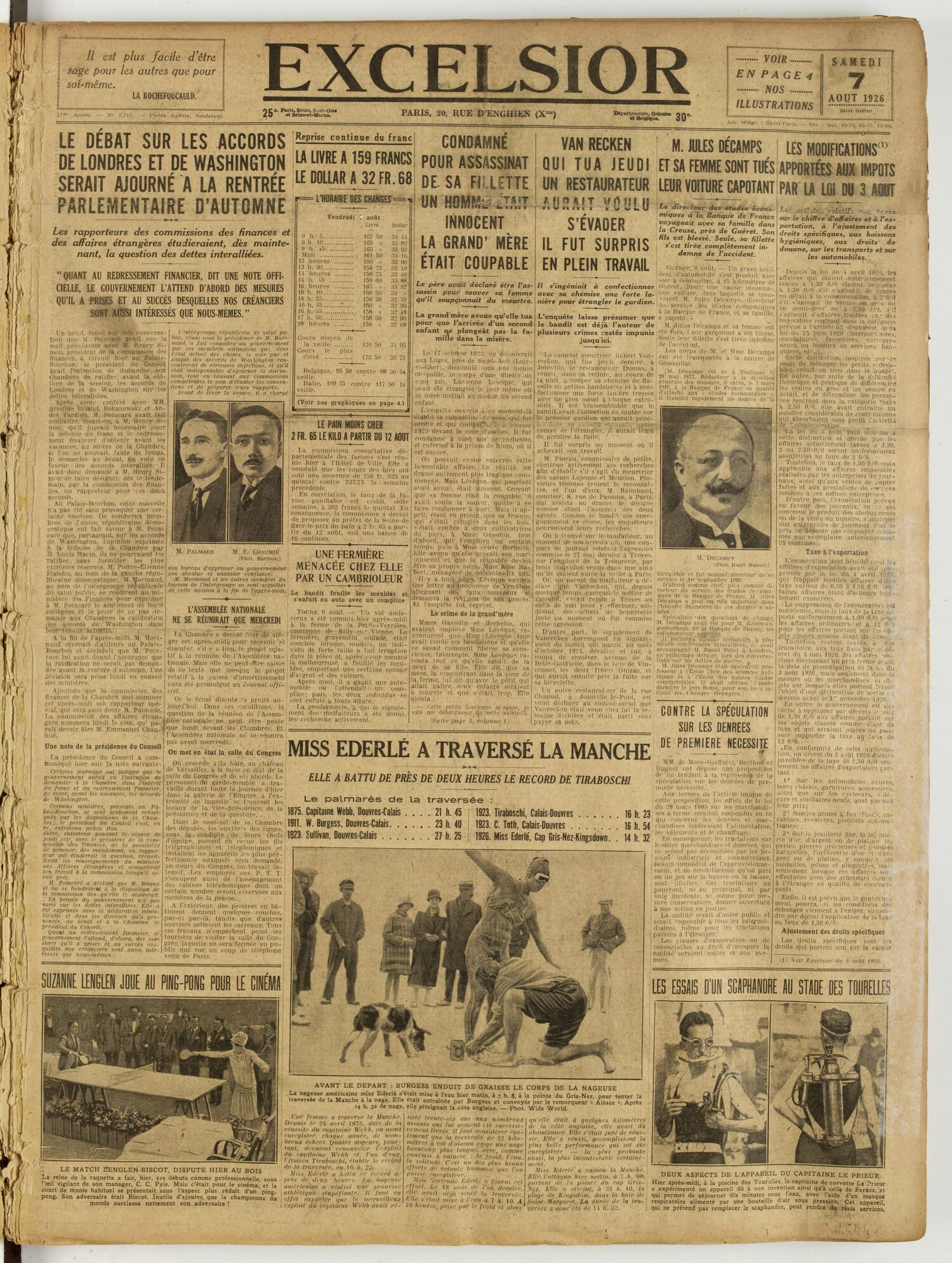 Une du journal Excelsior du 7 août 1926 : Miss ederlé a traversé la manche