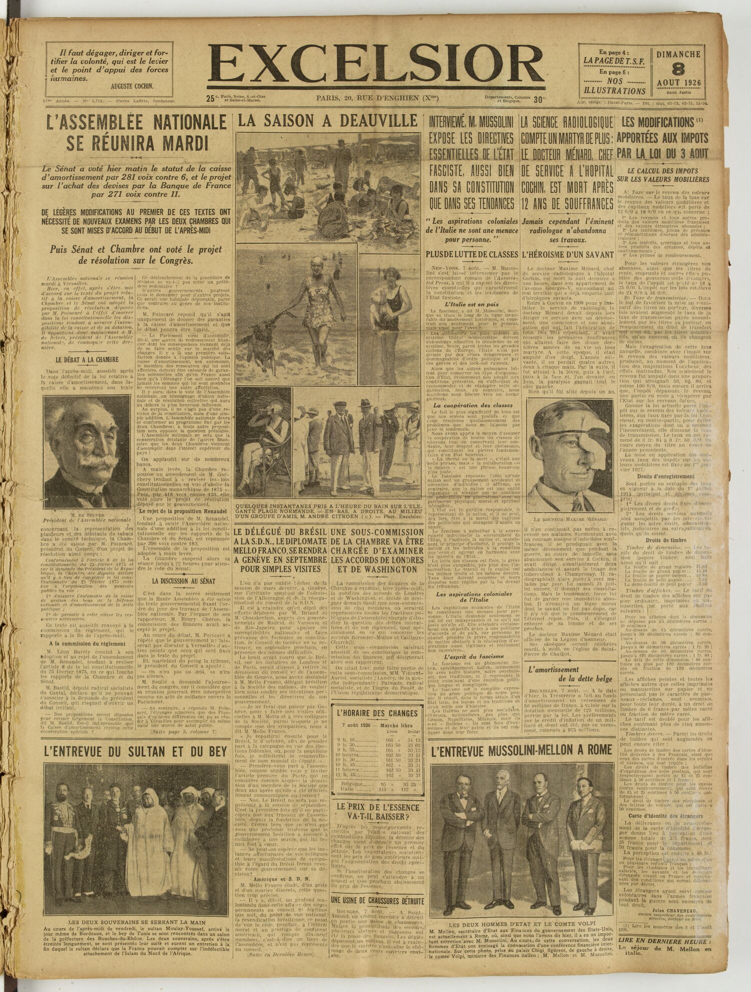 Une du journal Excelsior du 8 août 1926 : L'assemblée nationale se réunira mardi