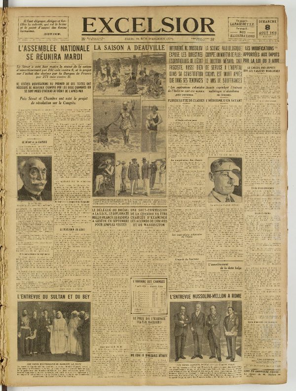 Une du journal Excelsior du 8 août 1926 : L'assemblée nationale se réunira mardi